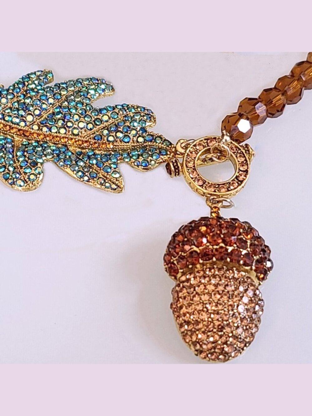 Acorn Toggle Necklace Leaf Amber Tone Glass Beads Rhinestones NWOT Perfect 33032 - Picture 6 of 8